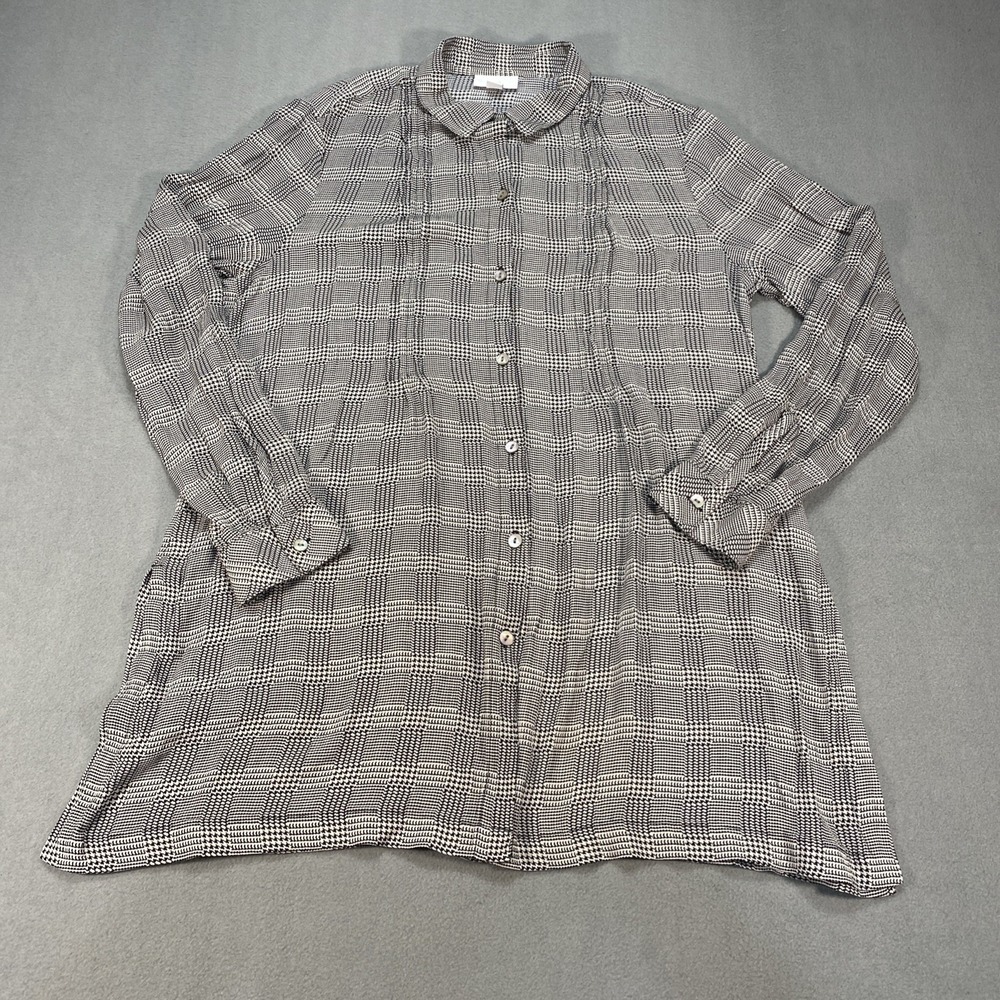 J. Jill Medium Button Down Chambray Long Sleeve Tunic Split Side Houndstooth